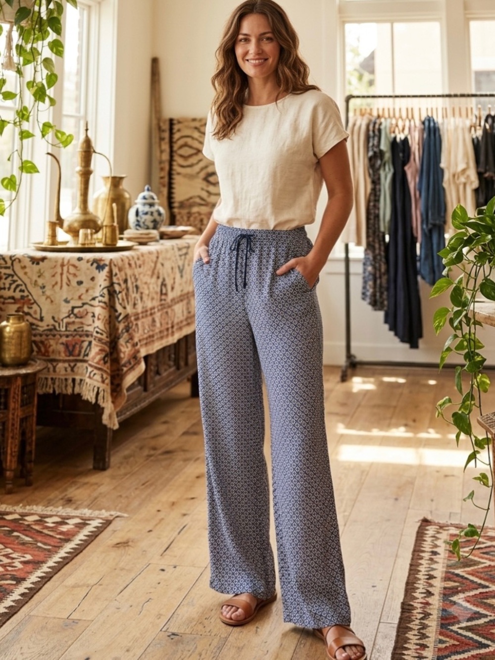 Forever 21 Blue Southwestern Diamond Pattern Printed Wide-Leg Drawstring Pants M